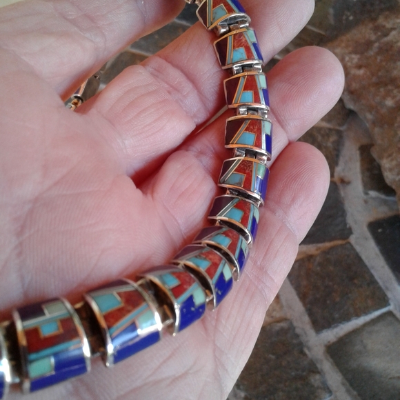 Sterling Silver multi inlay choker necklace set - Picture 13 of 16